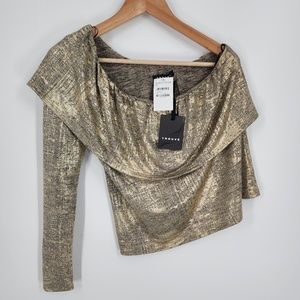 NWT Trouve One Shoulder Gold Foil Ruffle Blouse Top
